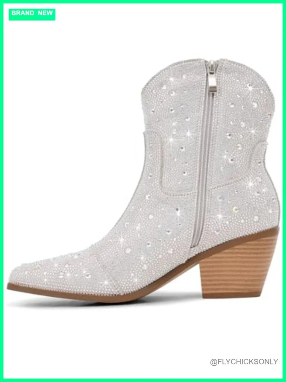 Cowgirl Ankle Boots Rhinestone Chunky Heel Cowboy Booties Side Zipper
